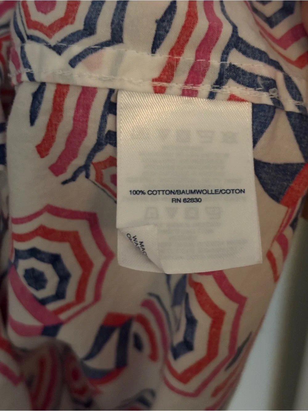 Lands' End Women's Button-Up Shirt in White with Red and Navy Geometric Print